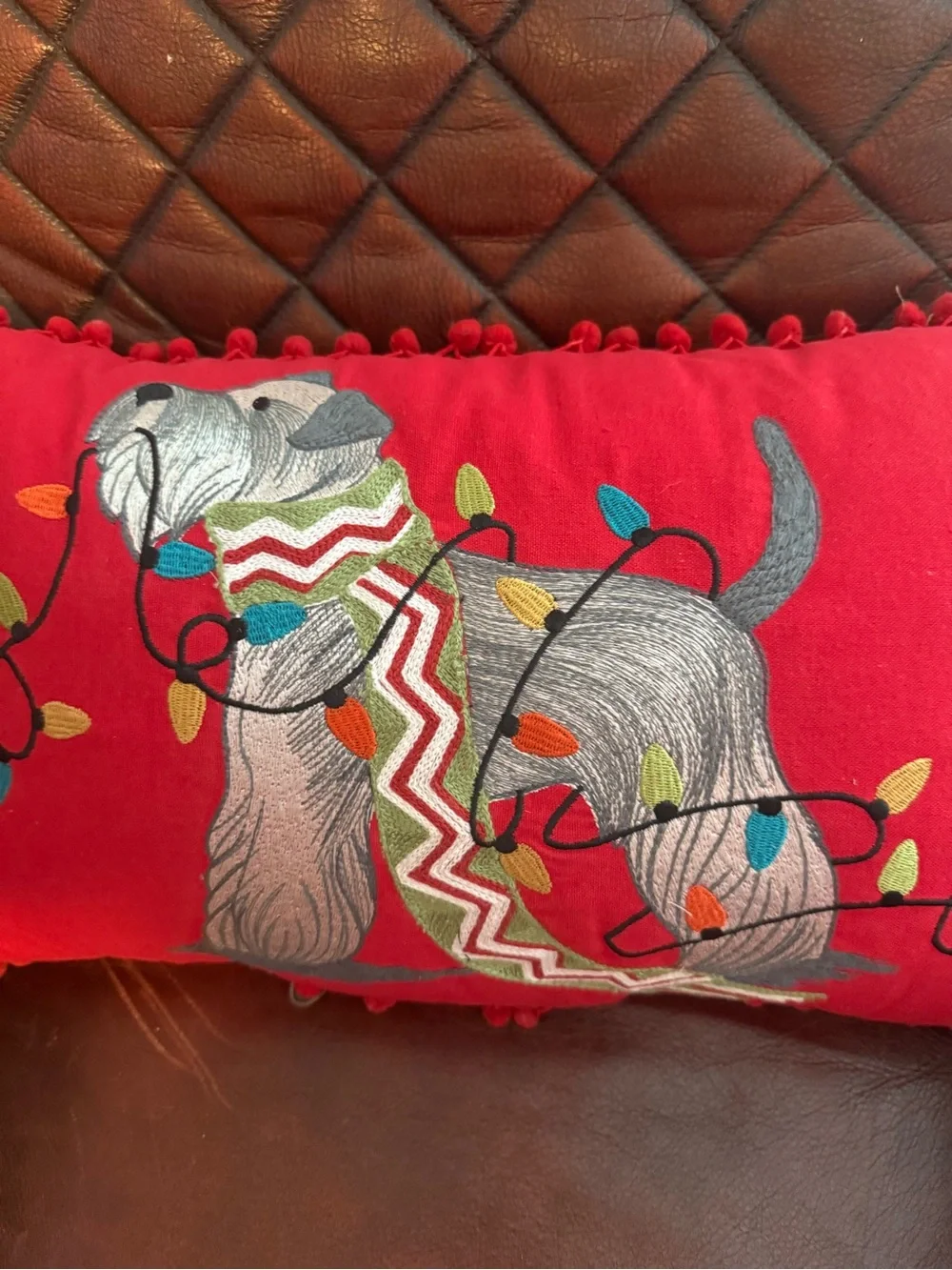 Pier 1 Schnauzer Dog Christmas Pillow Light Up Flashing Pom-Pom Trim
